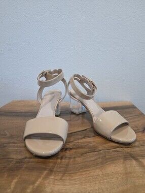 Stuart Weitzman Nude Patent Ankle Strap Sandals with Clear Block Heel